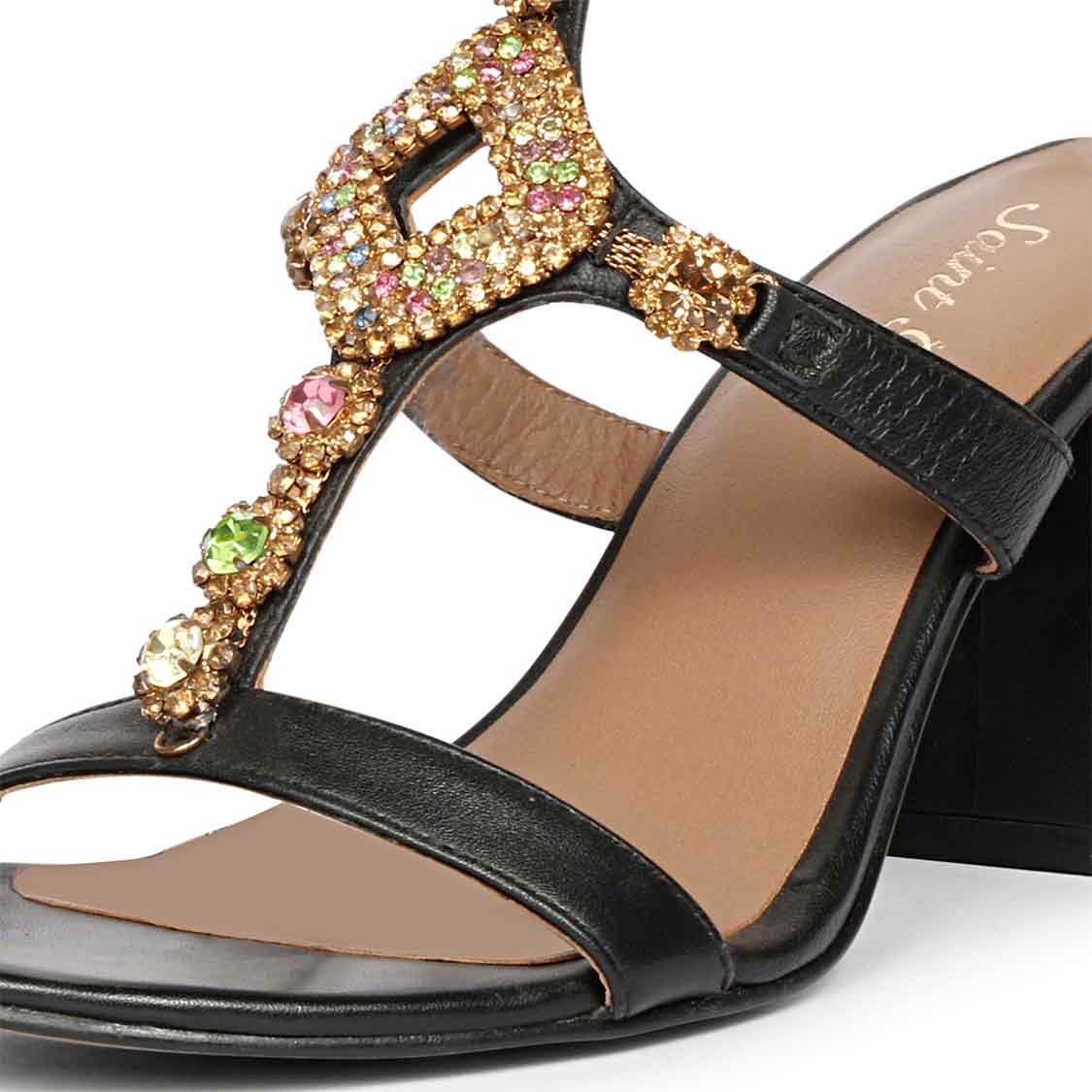 Saint Elettra Multi Stone Embellished Black Leather Block Heels - Image 8