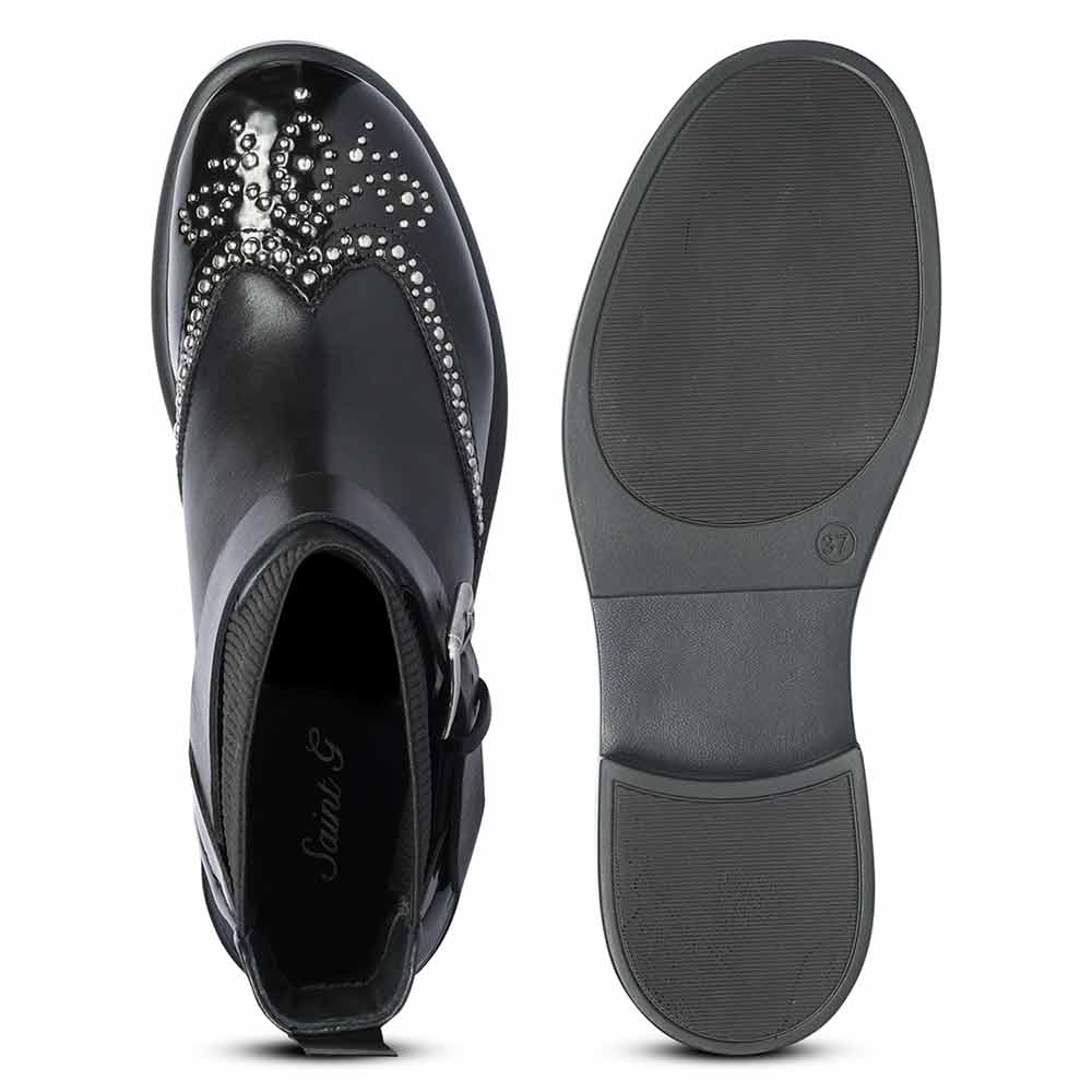Saint Adeen Studded Buckle Decor Black Leather Ankle Boots - Image 6