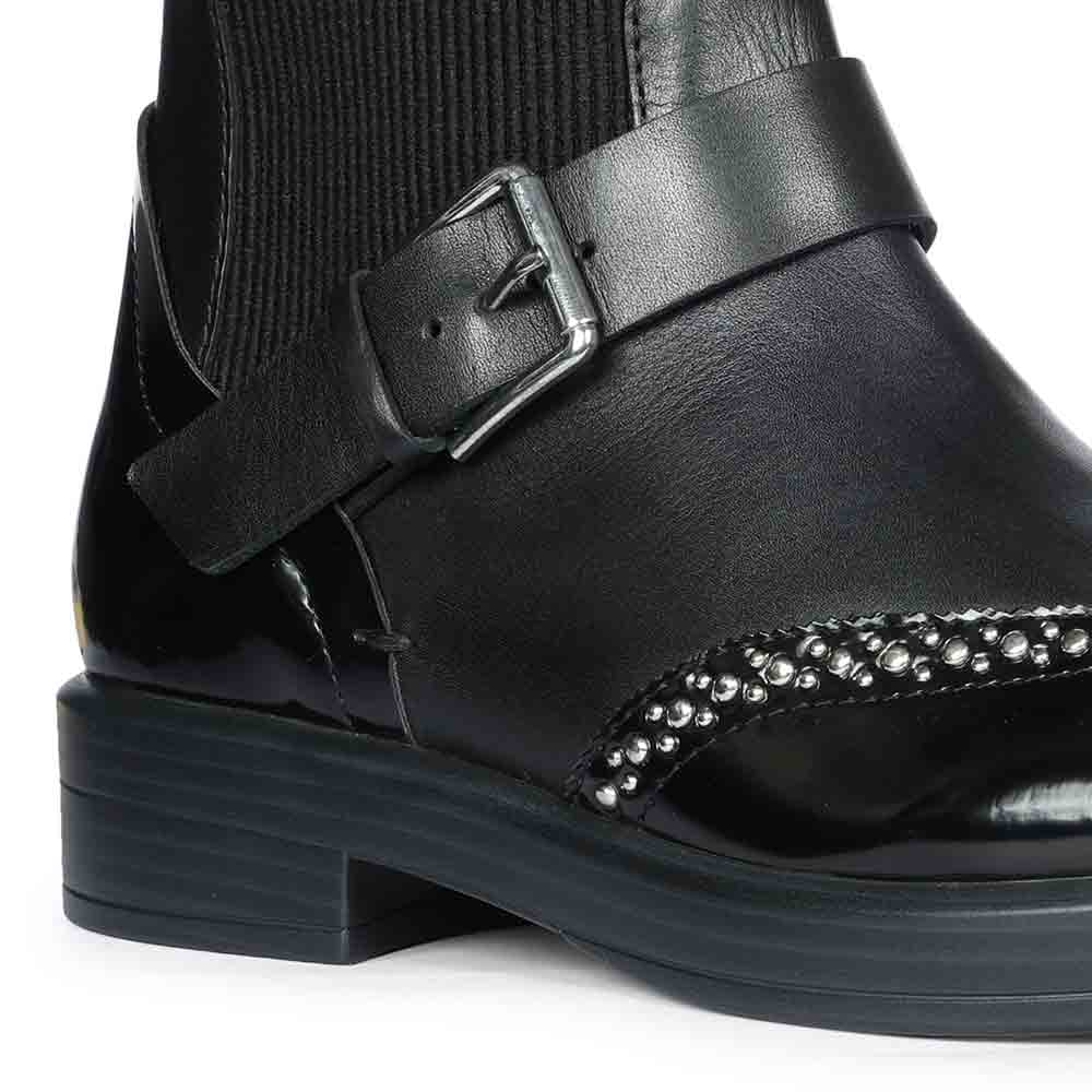 Saint Adeen Studded Buckle Decor Black Leather Ankle Boots - Image 7