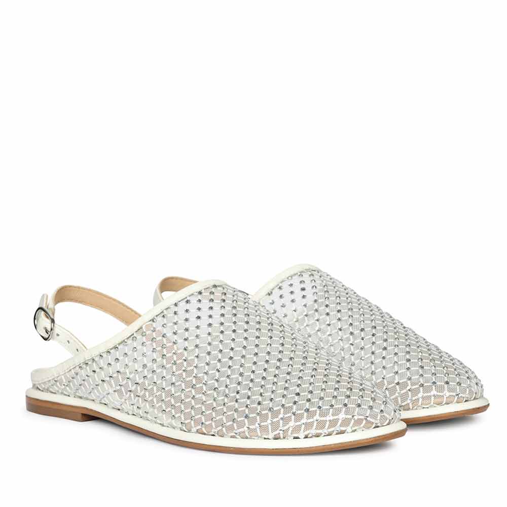 Saint Elira Strass Embellished White Mesh & Leather Flats - Image 2