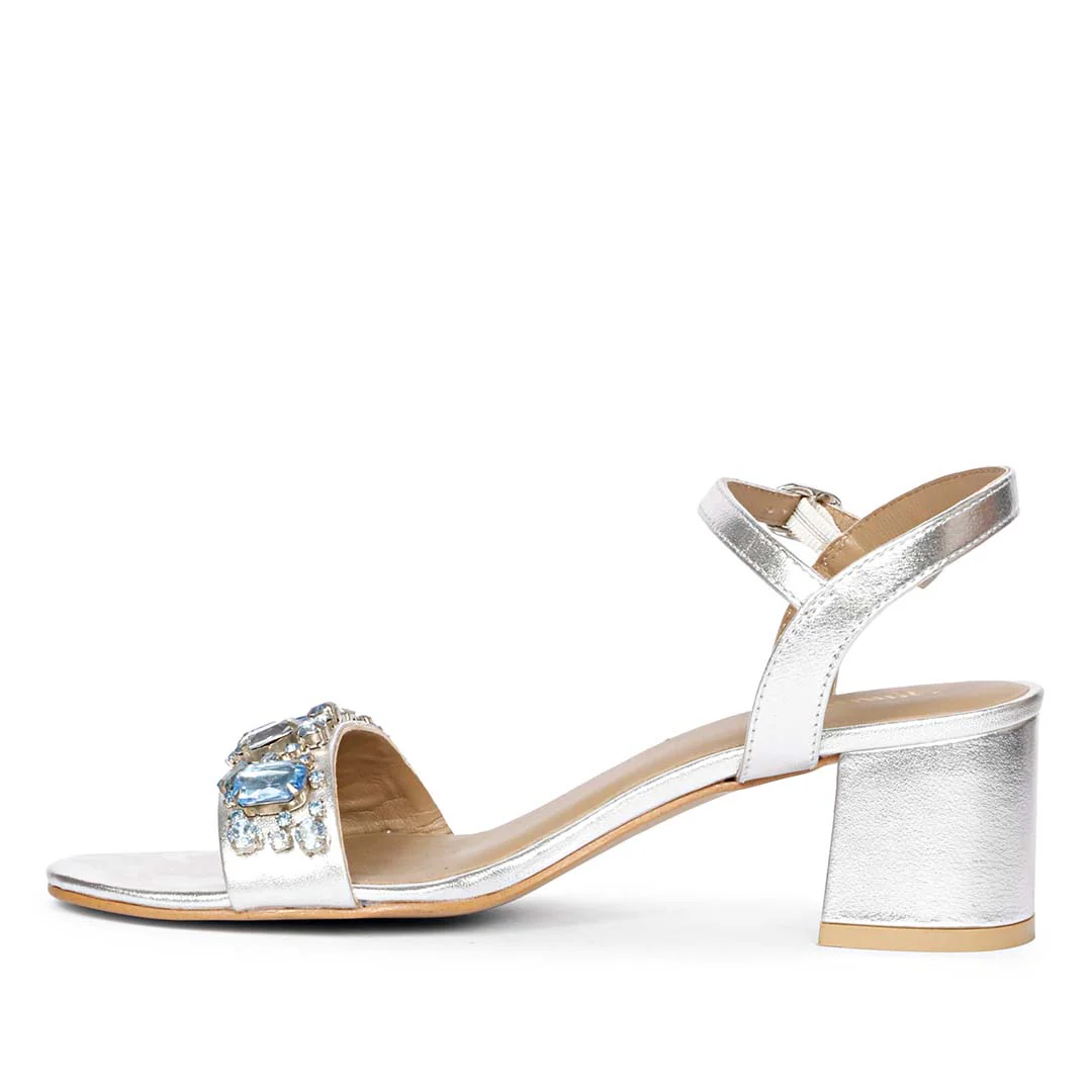 Saint Ella Blue Stones Decor Silver Leather Block Heels - Image 3