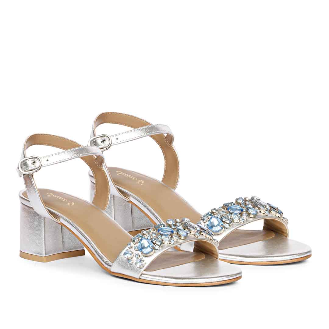 Saint Ella Blue Stones Decor Silver Leather Block Heels - Image 4
