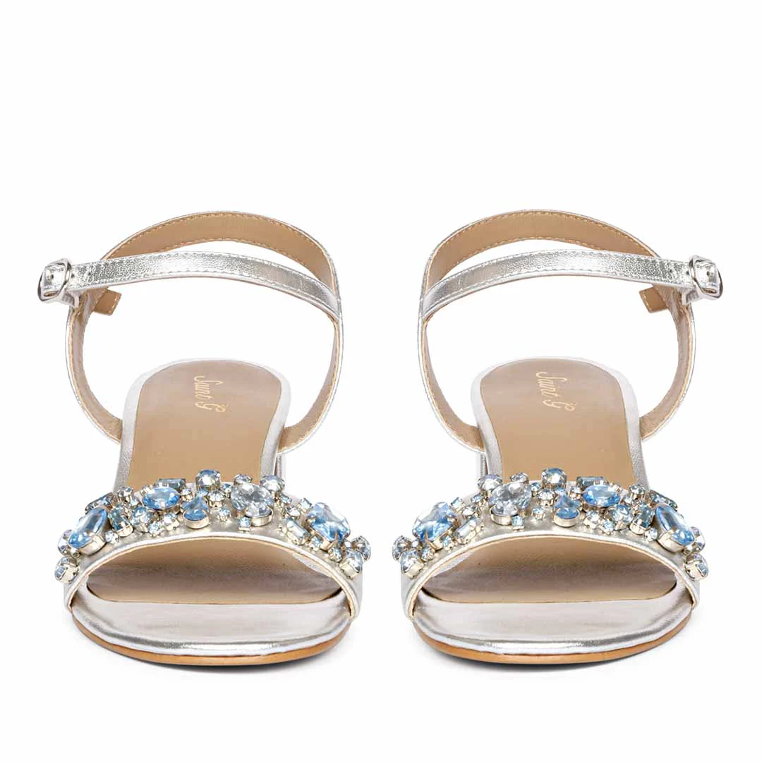 Saint Ella Blue Stones Decor Silver Leather Block Heels - Image 5