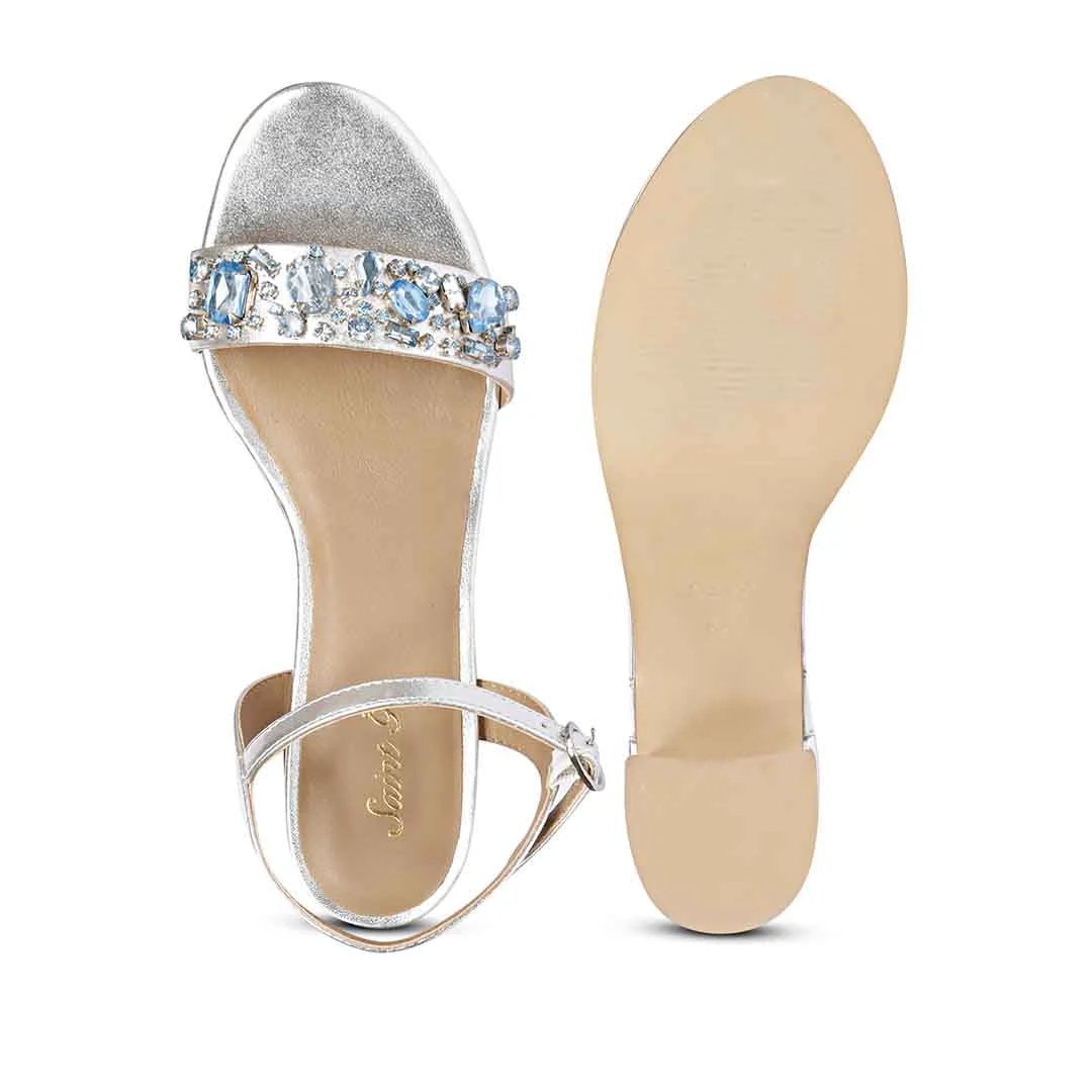Saint Ella Blue Stones Decor Silver Leather Block Heels - Image 7