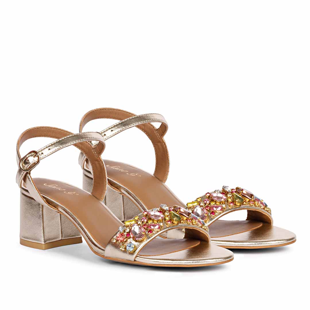 Saint Ella Multi Stones Decor Gold Leather Block Heels - Image 3