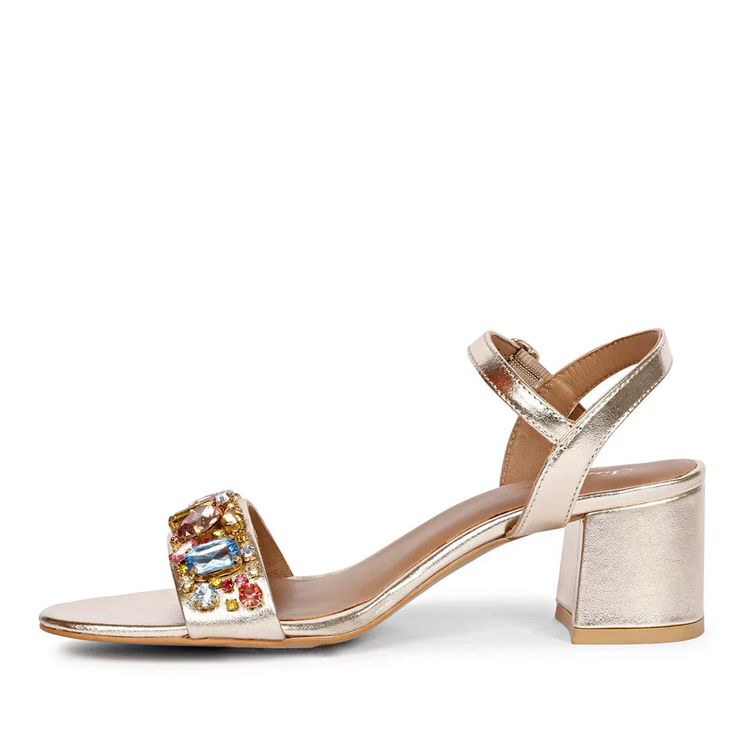 Saint Ella Multi Stones Decor Gold Leather Block Heels - Image 4