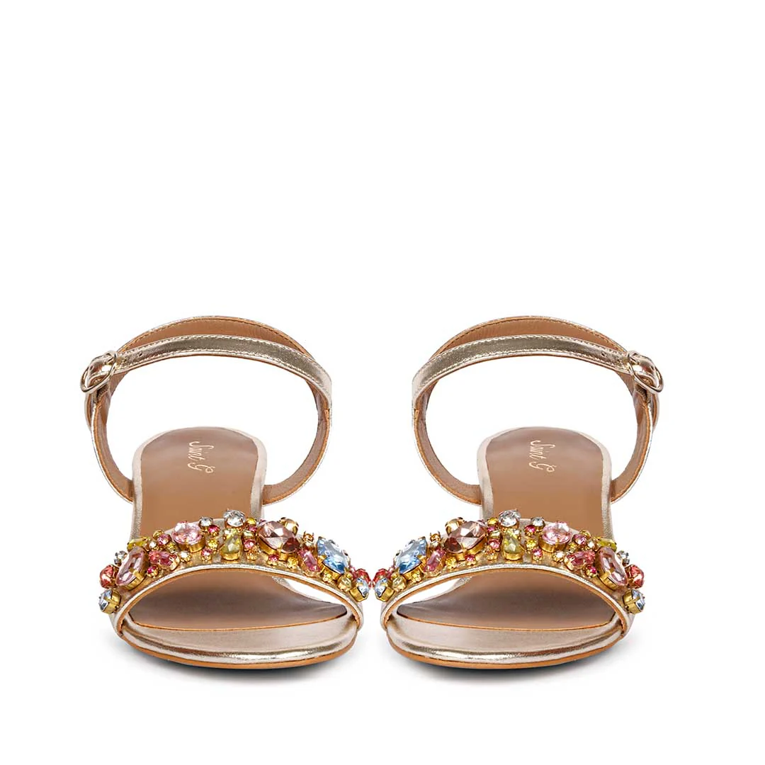 Saint Ella Multi Stones Decor Gold Leather Block Heels - Image 5