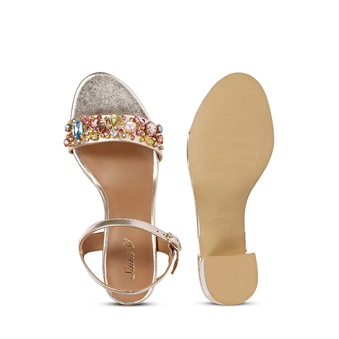 Saint Ella Multi Stones Decor Gold Leather Block Heels - Image 7