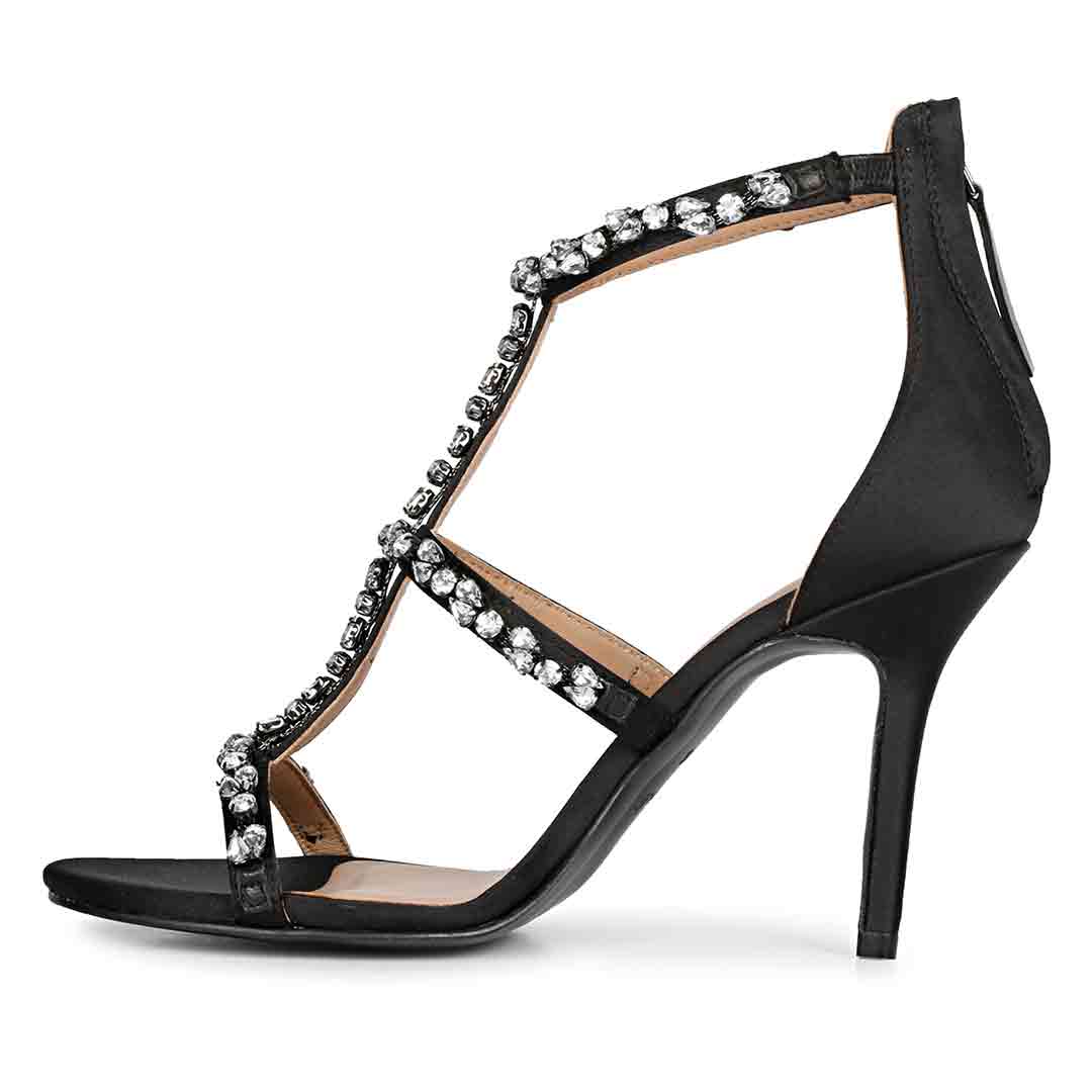 Saint Ella Silver Stone Embellished Black Leather Heels - Image 4