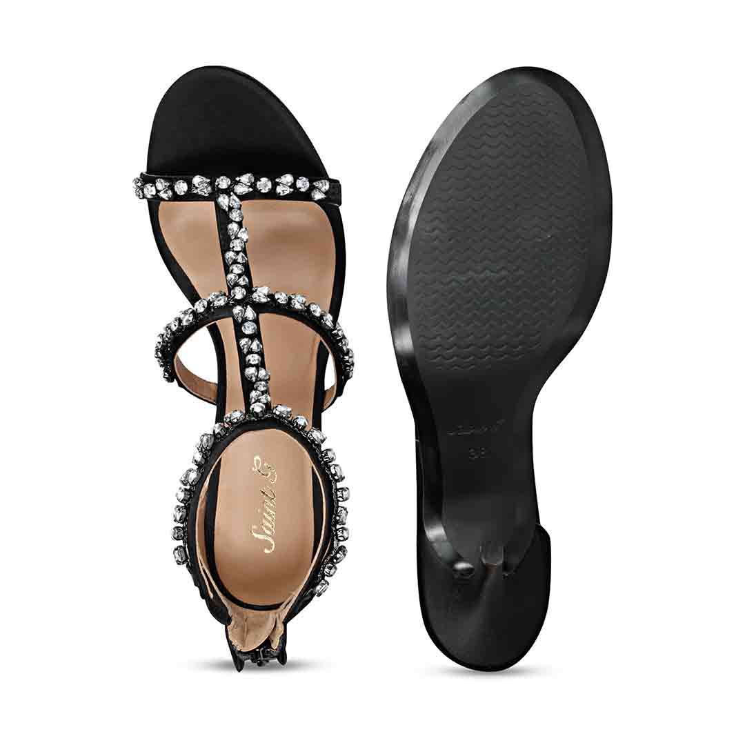 Saint Ella Silver Stone Embellished Black Leather Heels - Image 7