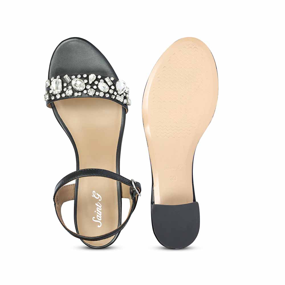 Saint Ella Stones Embellished Black Leather Block Heels - Image 6