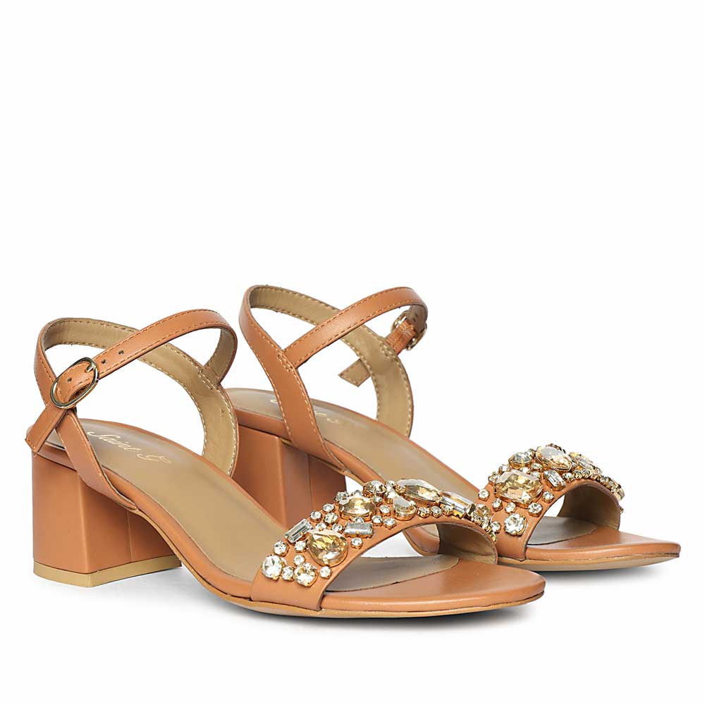 Saint Ella Stones Embellished Tan Leather Block Heels - Image 3