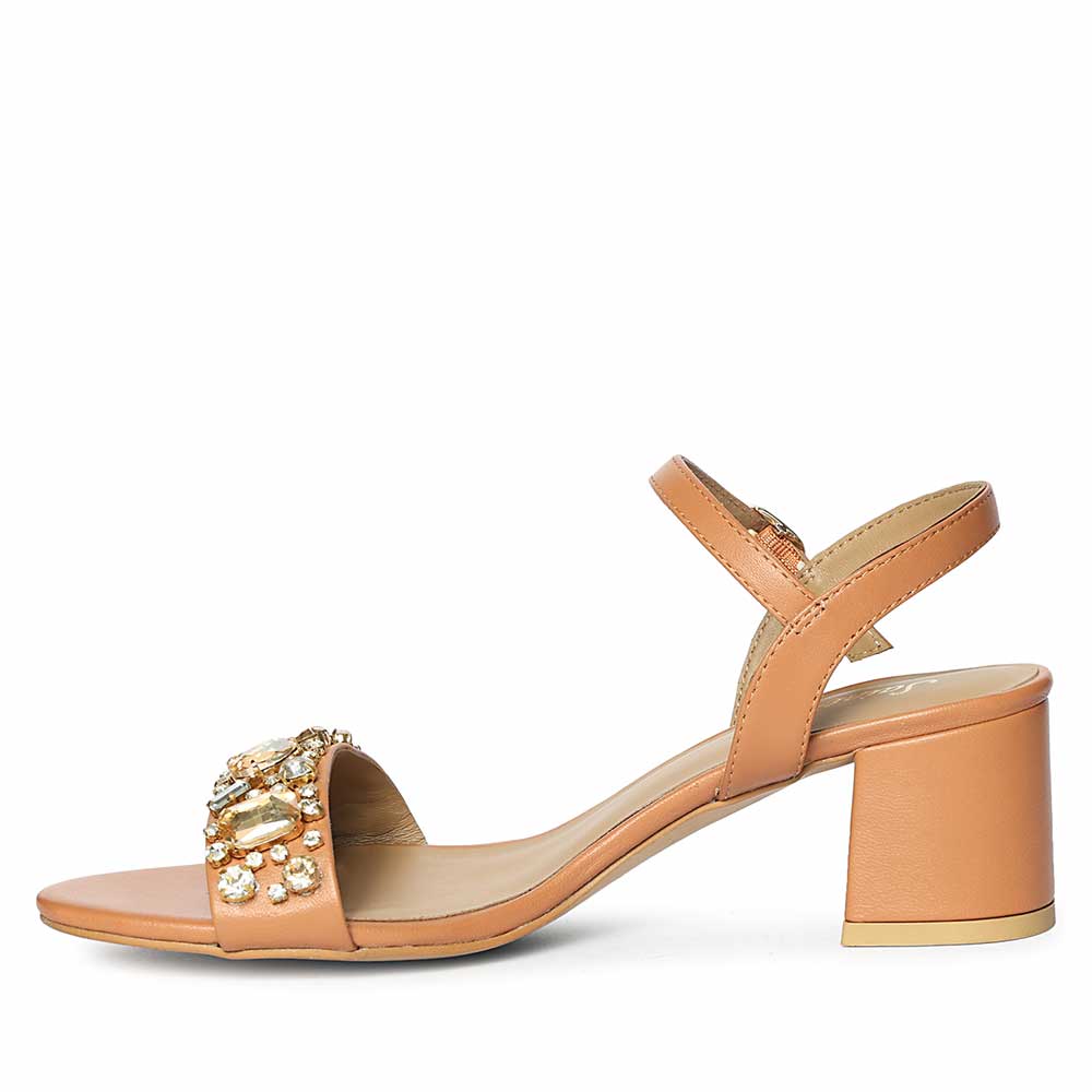 Saint Ella Stones Embellished Tan Leather Block Heels - Image 4