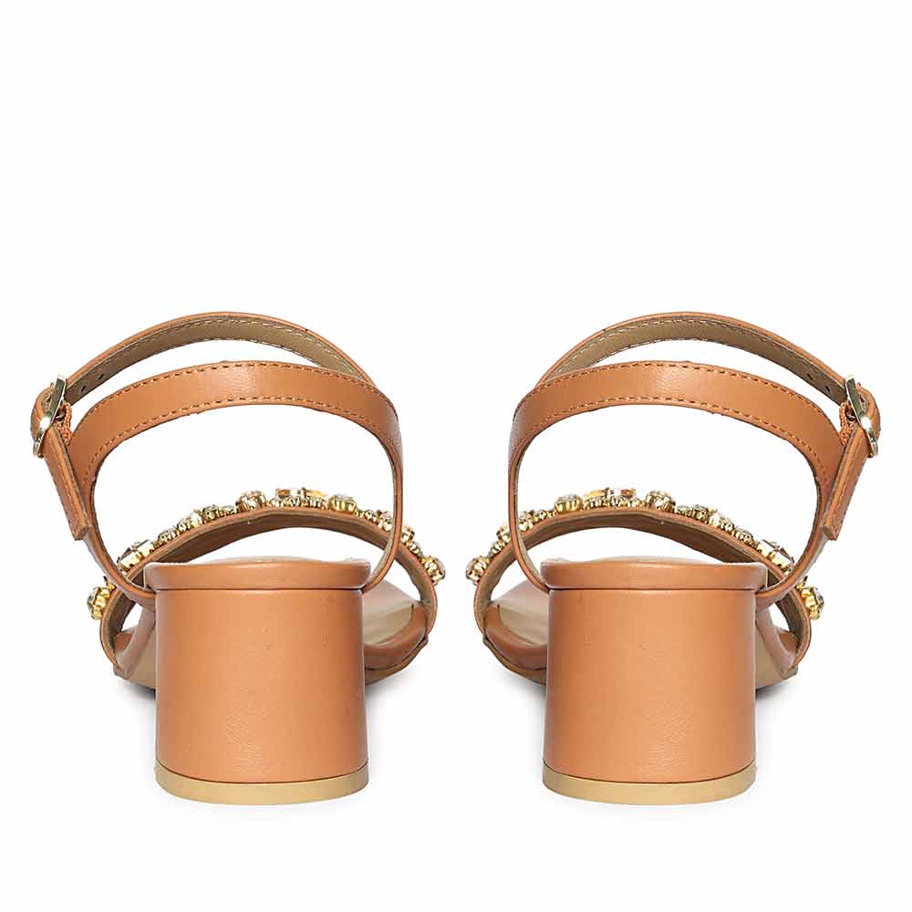 Saint Ella Stones Embellished Tan Leather Block Heels - Image 6