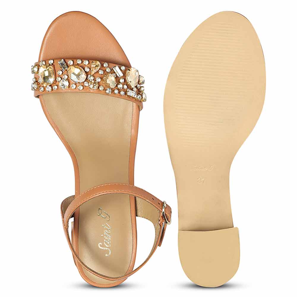 Saint Ella Stones Embellished Tan Leather Block Heels - Image 7