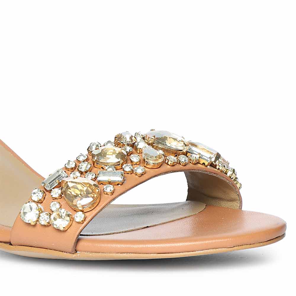 Saint Ella Stones Embellished Tan Leather Block Heels - Image 8