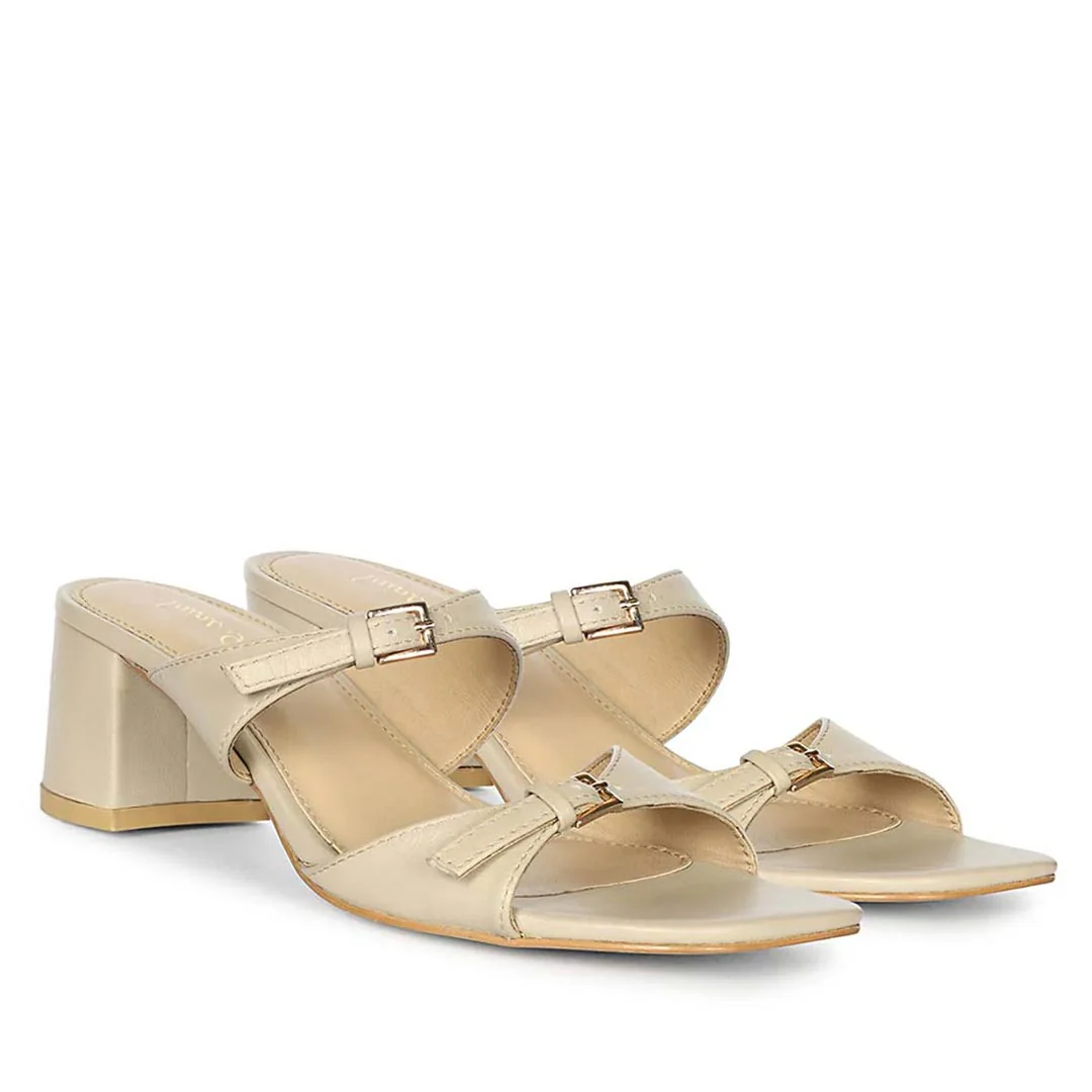 Saint Ellery Buckle Beige Leather Block Heel Sandals - Image 2