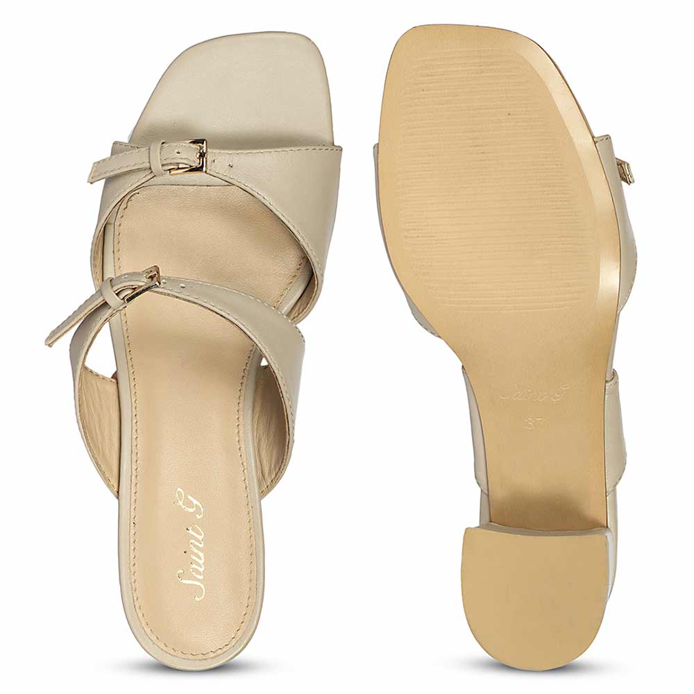 Saint Ellery Buckle Beige Leather Block Heel Sandals - Image 6