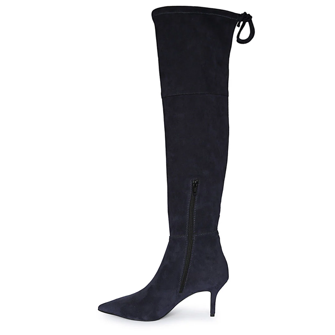 Saint Elodie Navy Stretch Suede Thigh High Boots - Image 4