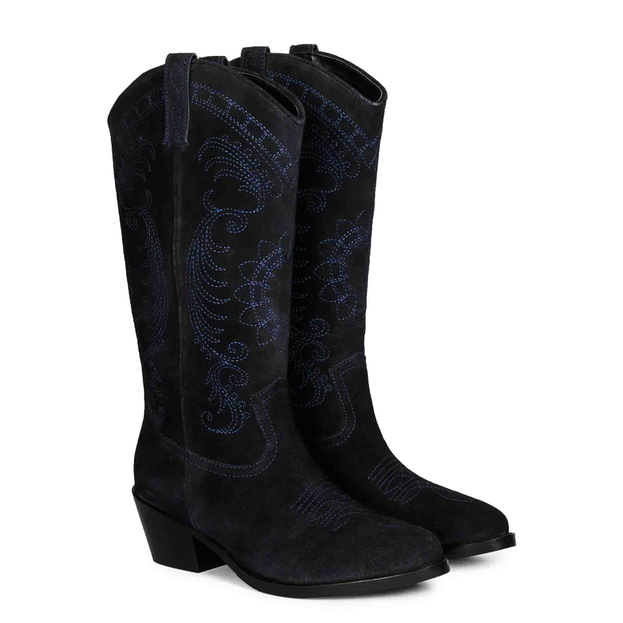 Saint Elodie Stitched Cobalt Leather Handcrafted Cowboy Boots - Image 3