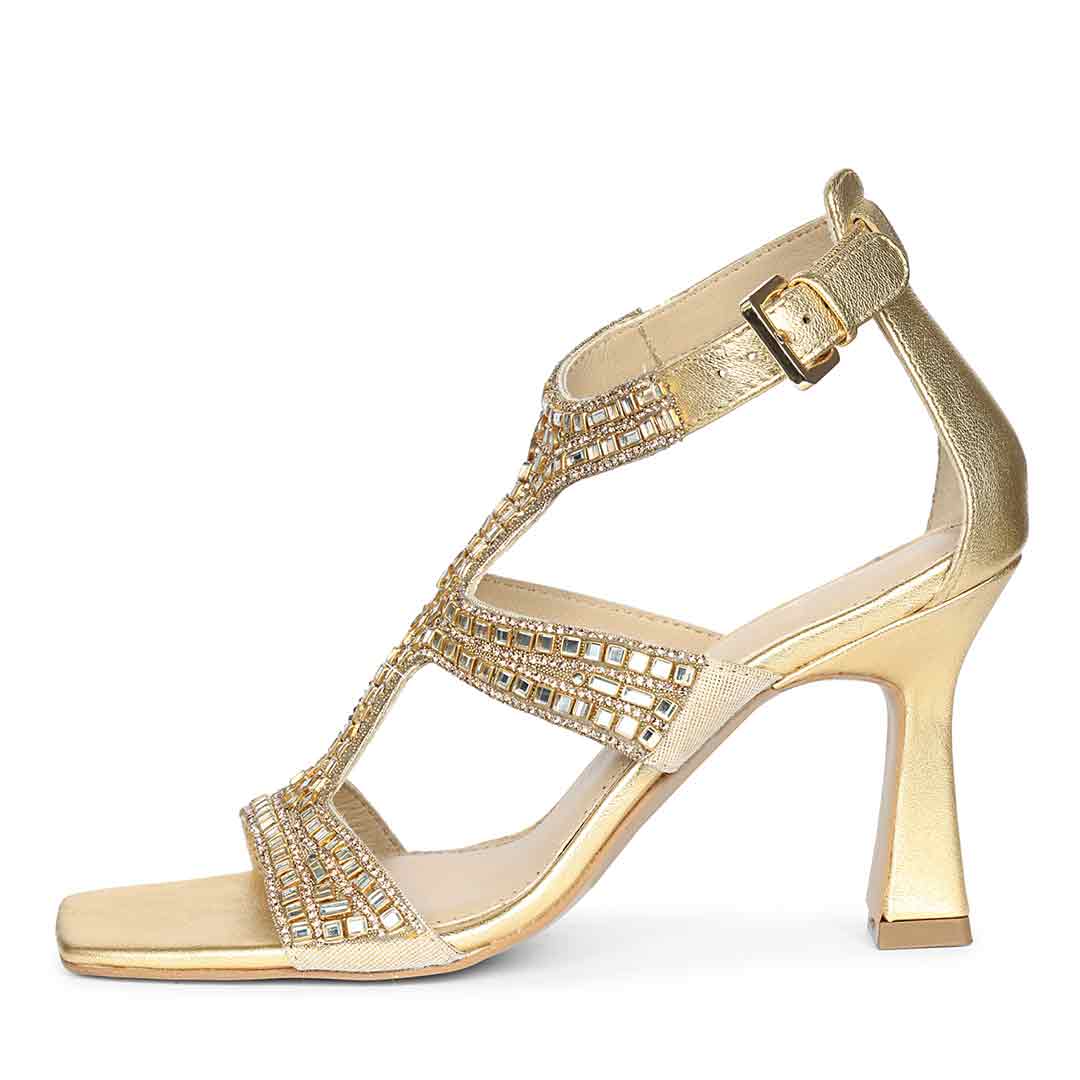 Saint Eloria Crystal Gold Leather Flared Stiletto Heels - Image 3