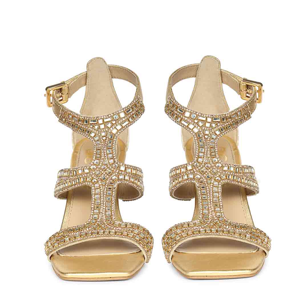 Saint Eloria Crystal Gold Leather Flared Stiletto Heels - Image 4