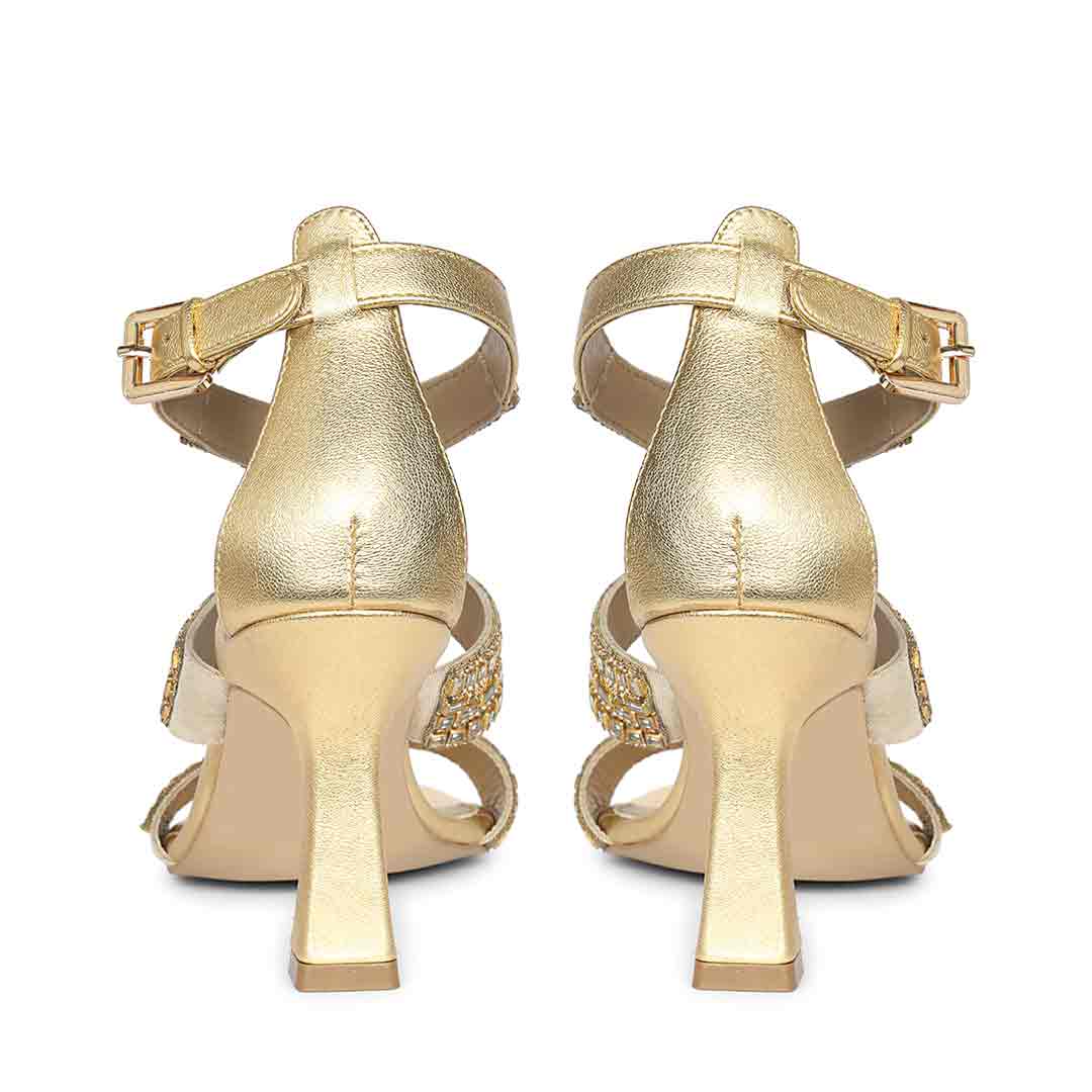 Saint Eloria Crystal Gold Leather Flared Stiletto Heels - Image 5