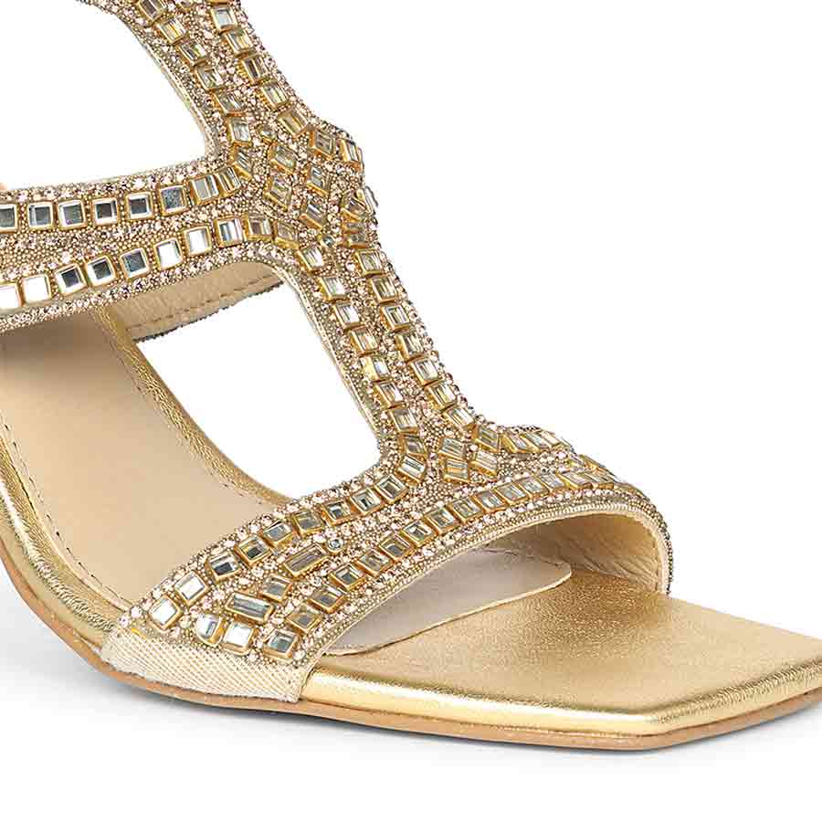 Saint Eloria Crystal Gold Leather Flared Stiletto Heels - Image 6