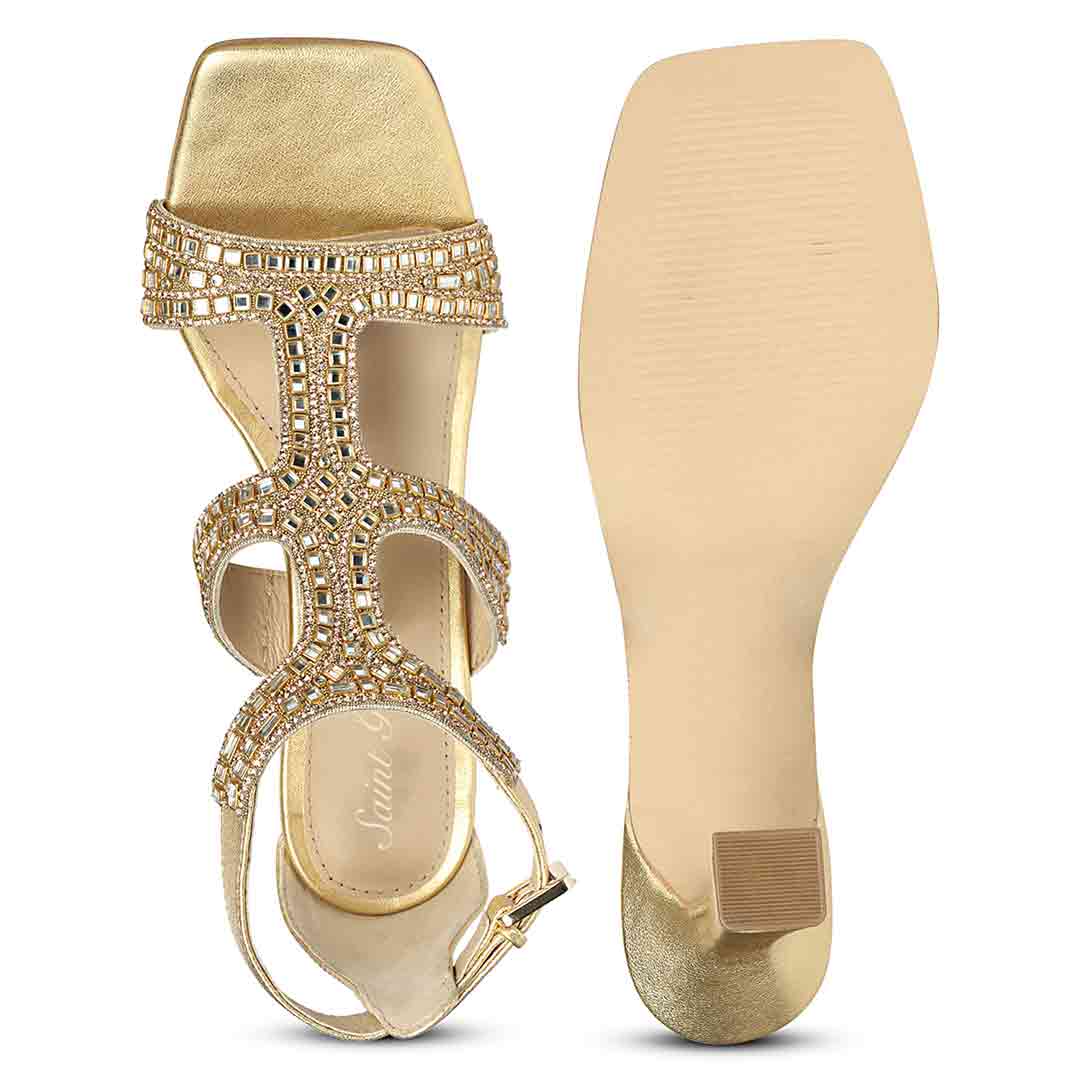 Saint Eloria Crystal Gold Leather Flared Stiletto Heels - Image 7
