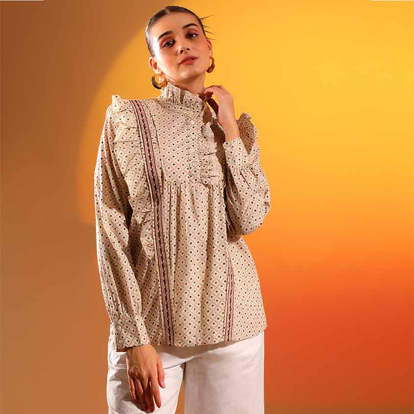 Saint Womens Ivory Ruffle Printed Cotton Cambric Top - Image 2