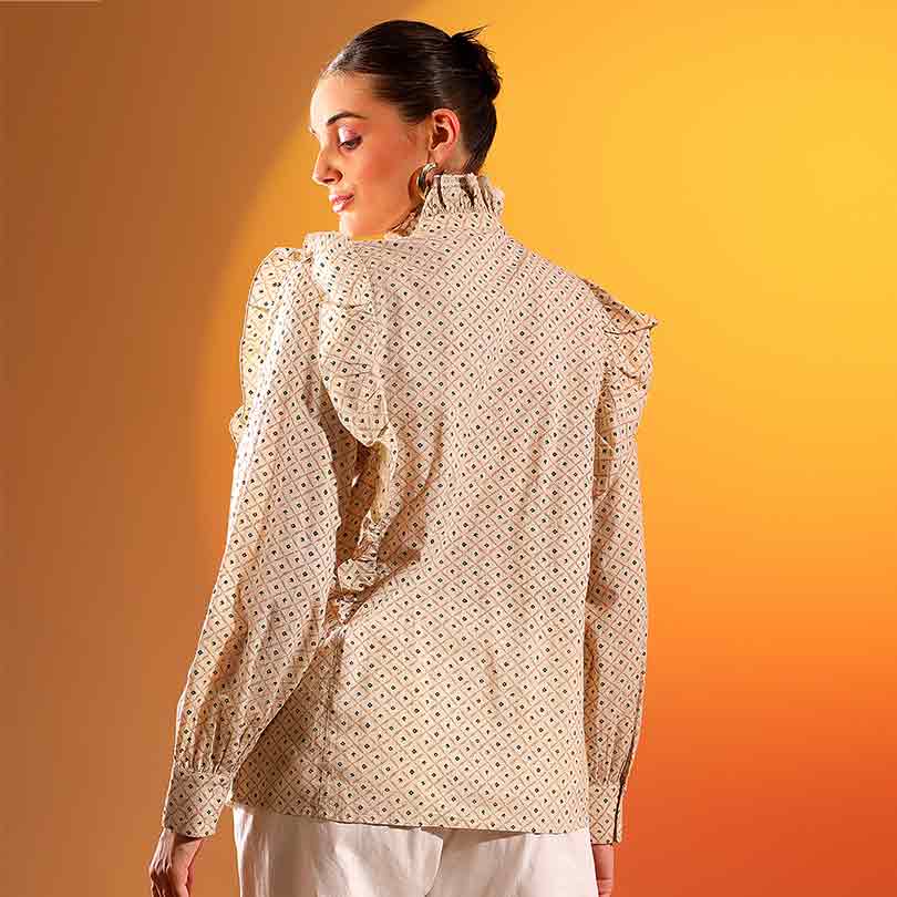 Saint Womens Ivory Ruffle Printed Cotton Cambric Top - Image 3