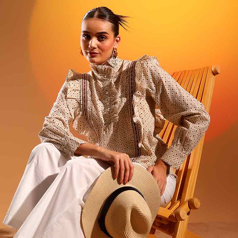 Saint Womens Ivory Ruffle Printed Cotton Cambric Top - Image 4