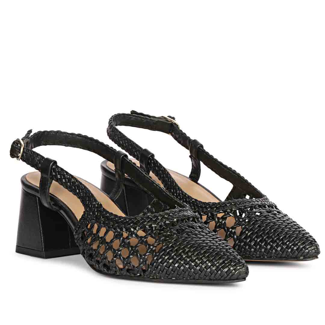 Saint Elowen Black Hand Woven Leather Low Block Heels - Image 3