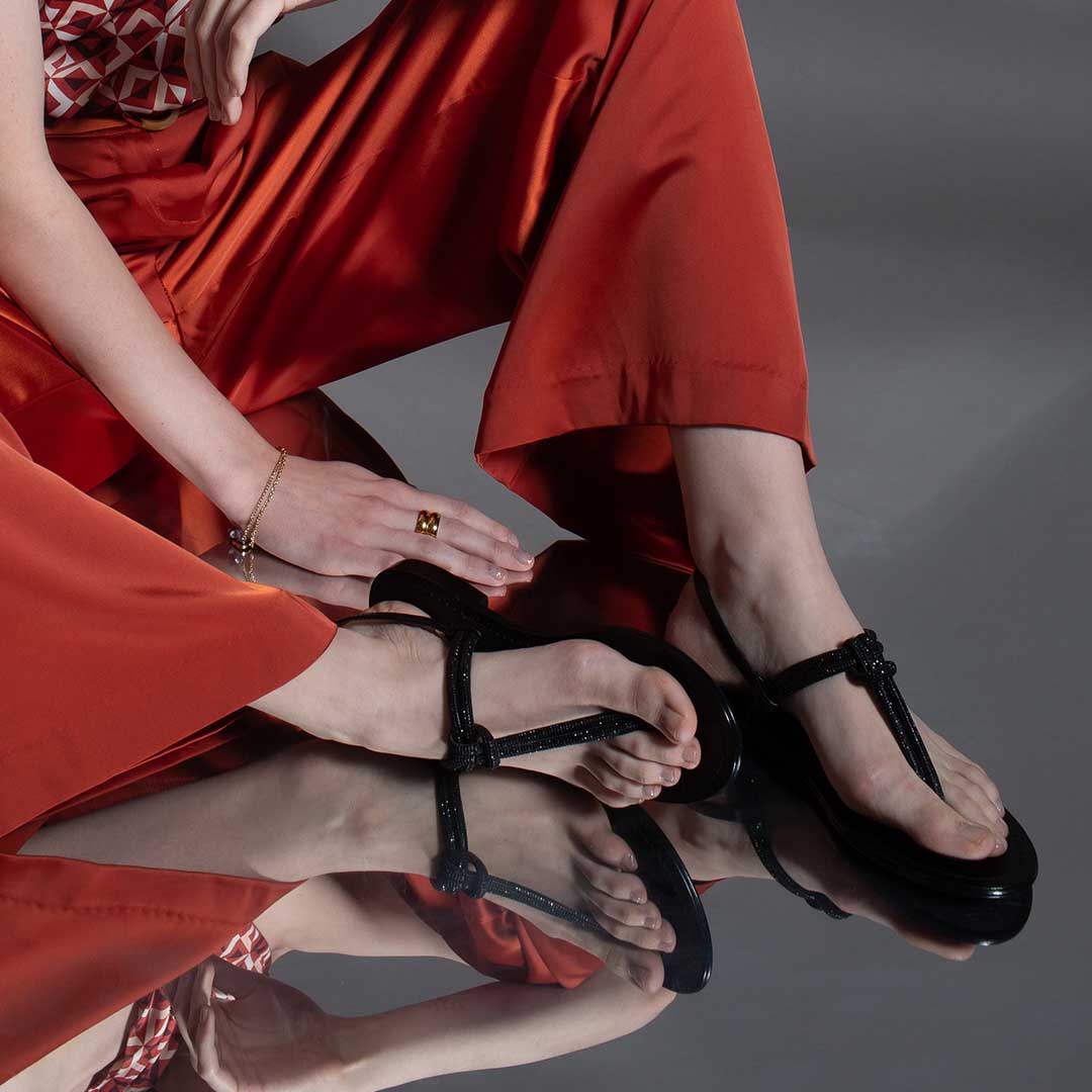 Saint Elsie Crystal Cord Black Leather Flat Sandals - Image 2