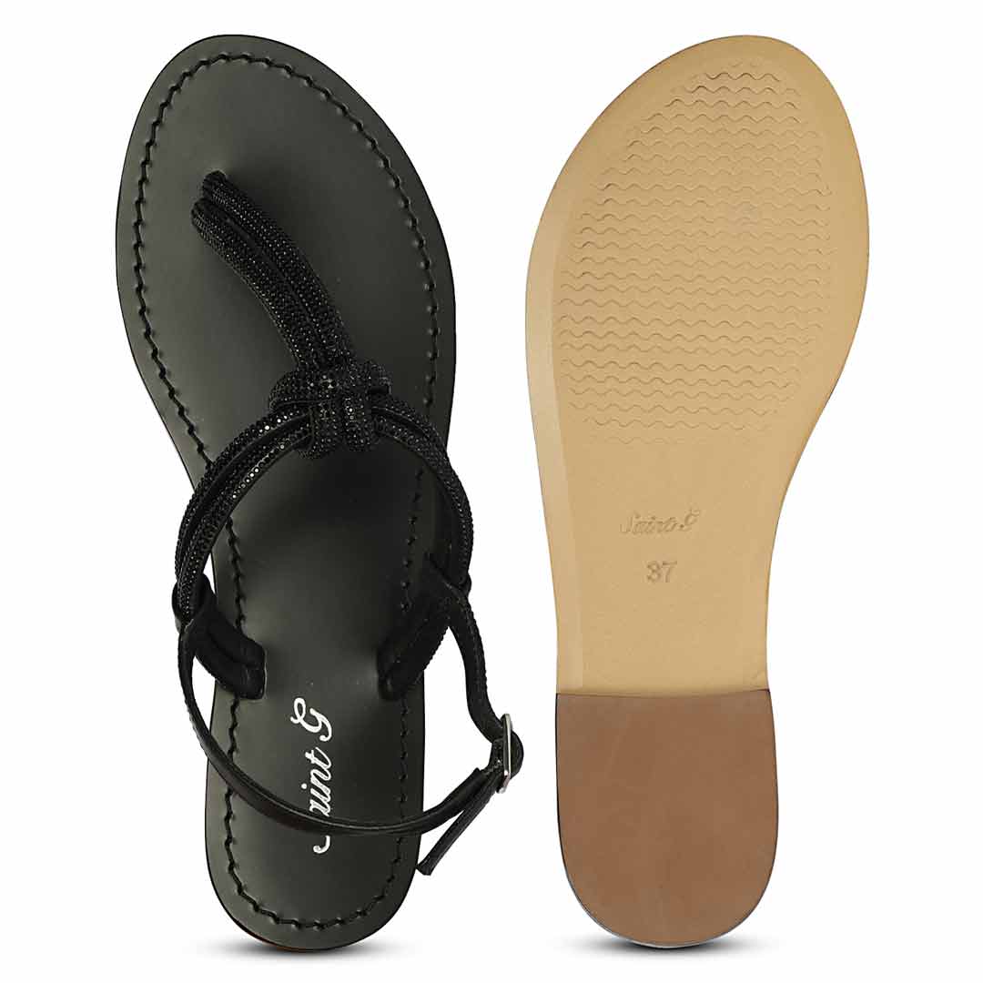 Saint Elsie Crystal Cord Black Leather Flat Sandals - Image 7