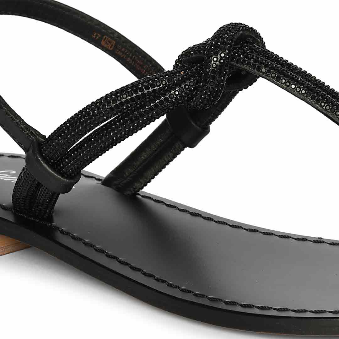 Saint Elsie Crystal Cord Black Leather Flat Sandals - Image 8