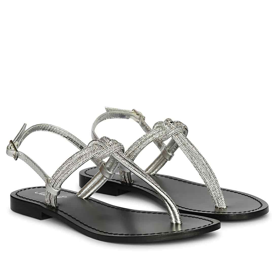Saint Elsie Crystal Cord Metallic Silver Leather Flat Sandals - Image 2