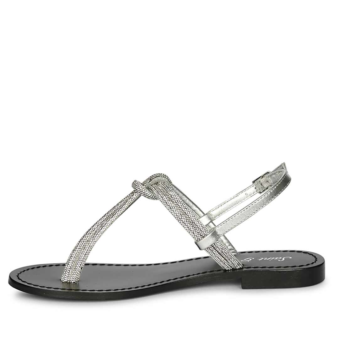 Saint Elsie Crystal Cord Metallic Silver Leather Flat Sandals - Image 3