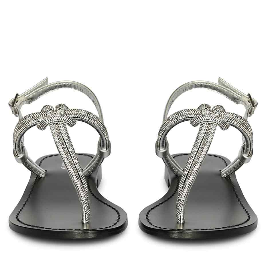 Saint Elsie Crystal Cord Metallic Silver Leather Flat Sandals - Image 4