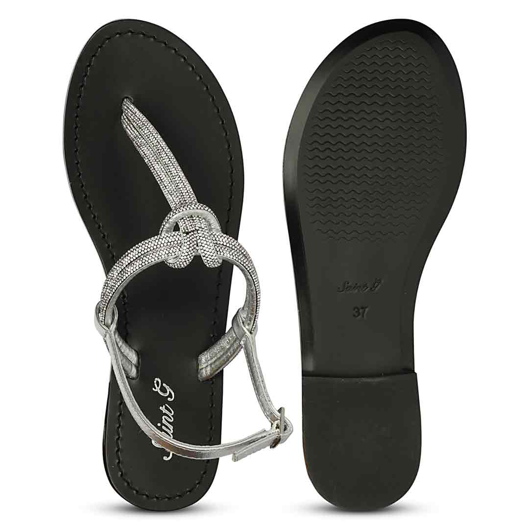 Saint Elsie Crystal Cord Metallic Silver Leather Flat Sandals - Image 6
