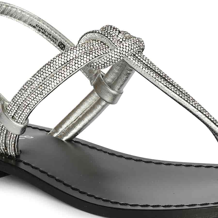 Saint Elsie Crystal Cord Metallic Silver Leather Flat Sandals - Image 7