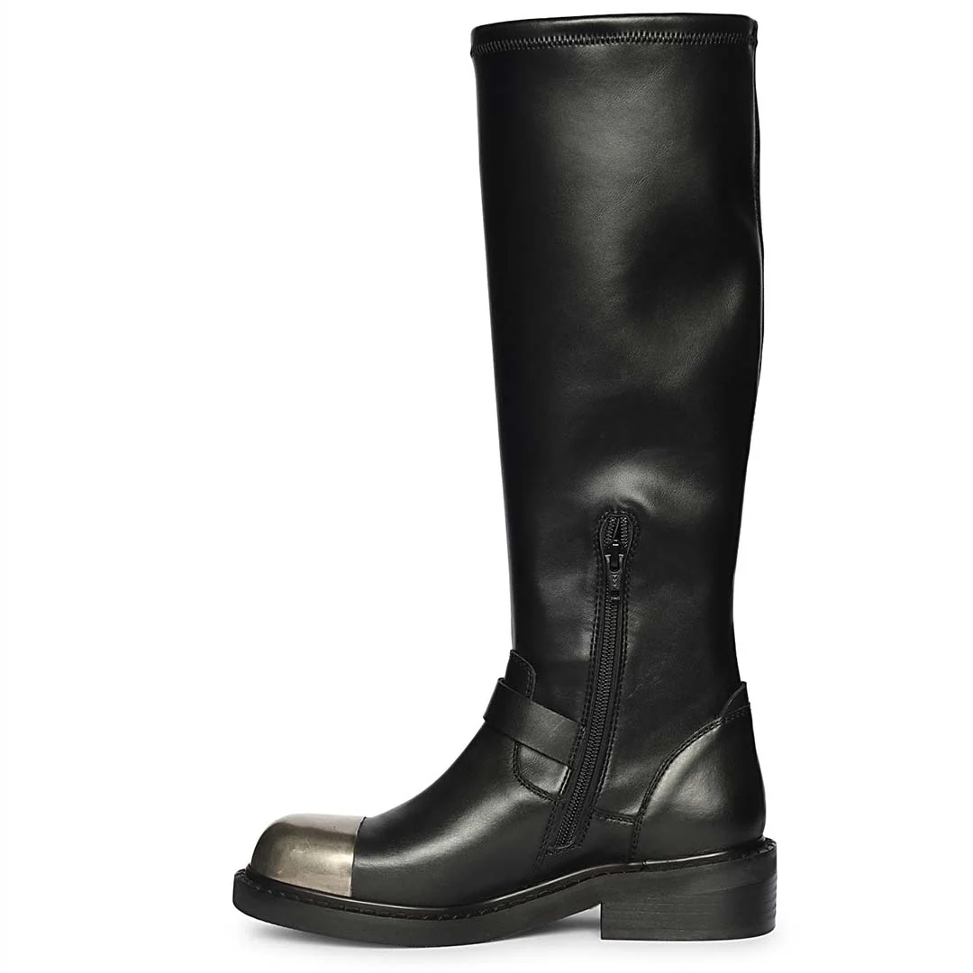 Saint Ember Metal Toe Buckle Strap Black Stretch Napa Long Boots - Image 3