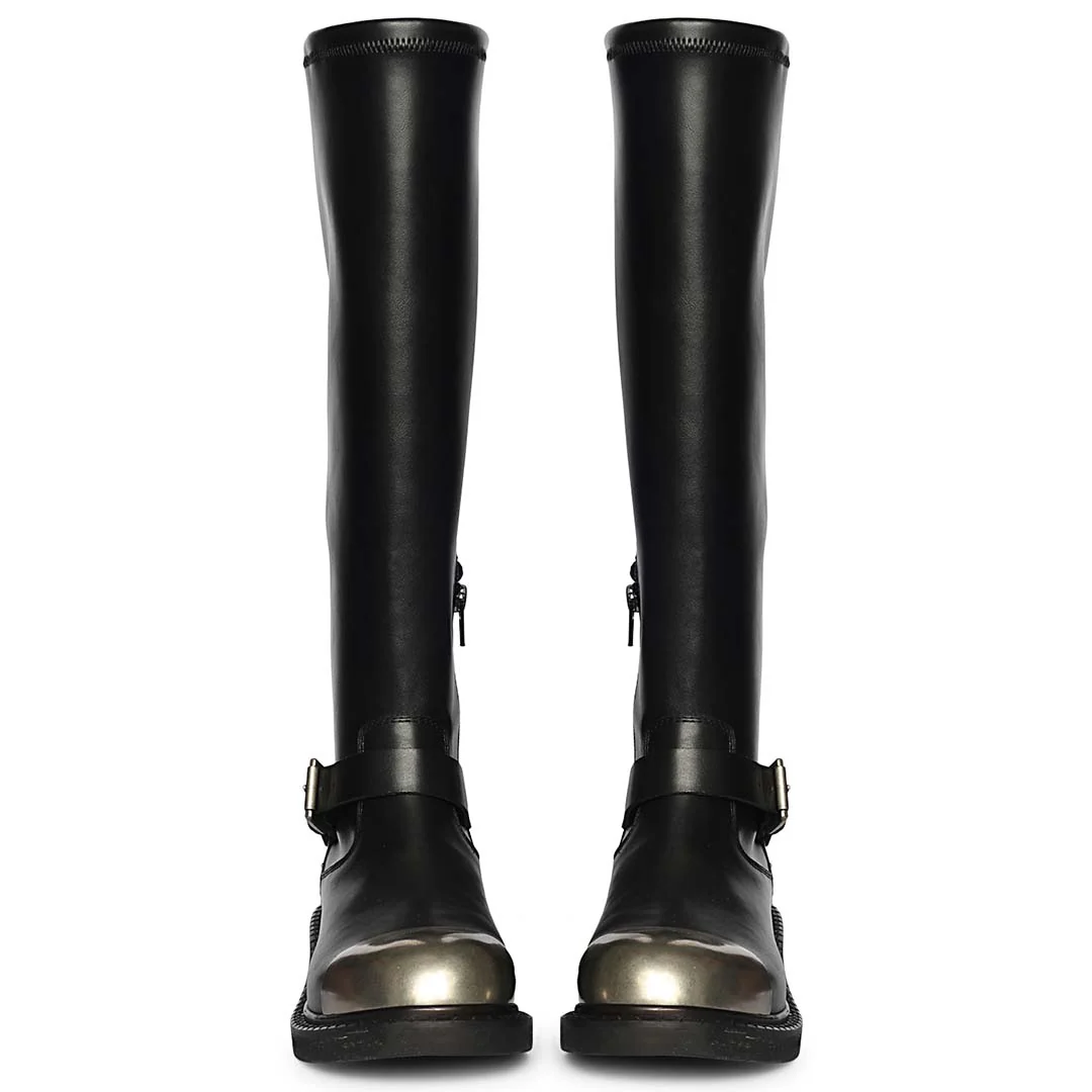 Saint Ember Metal Toe Buckle Strap Black Stretch Napa Long Boots - Image 4