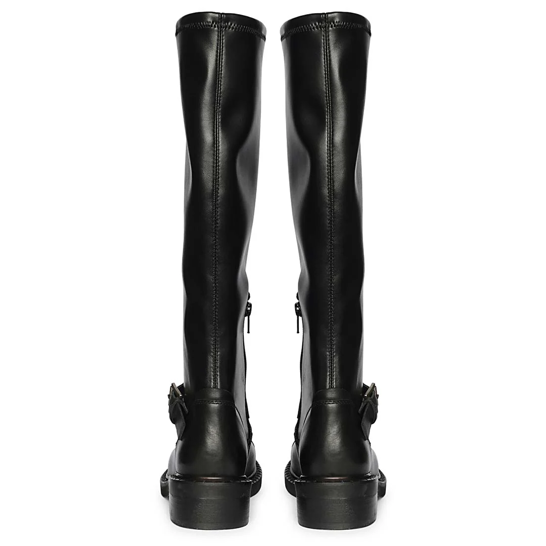 Saint Ember Metal Toe Buckle Strap Black Stretch Napa Long Boots - Image 5
