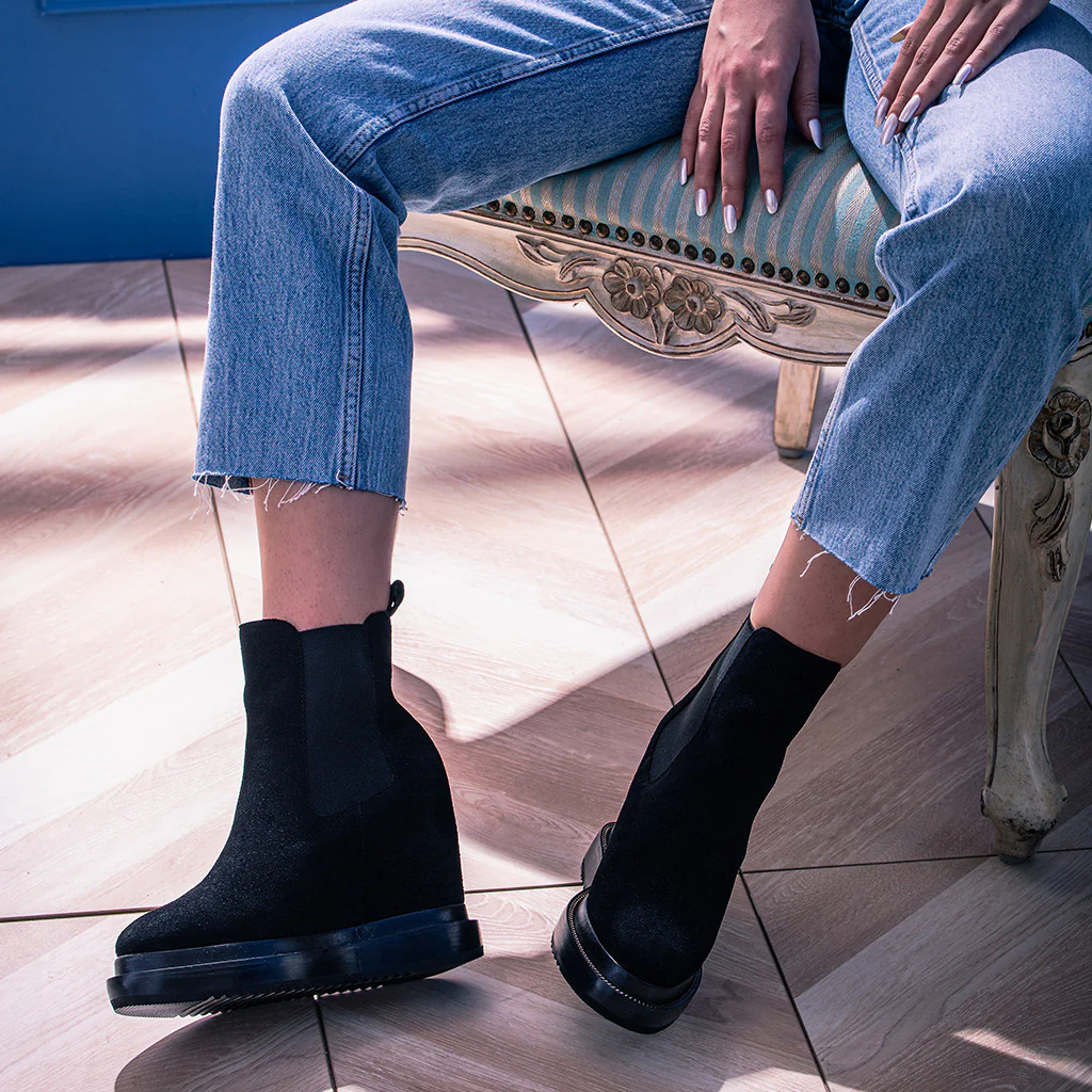 Saint Carolin Black Leather Inner Wedge Heel Ankle Boots - Image 6