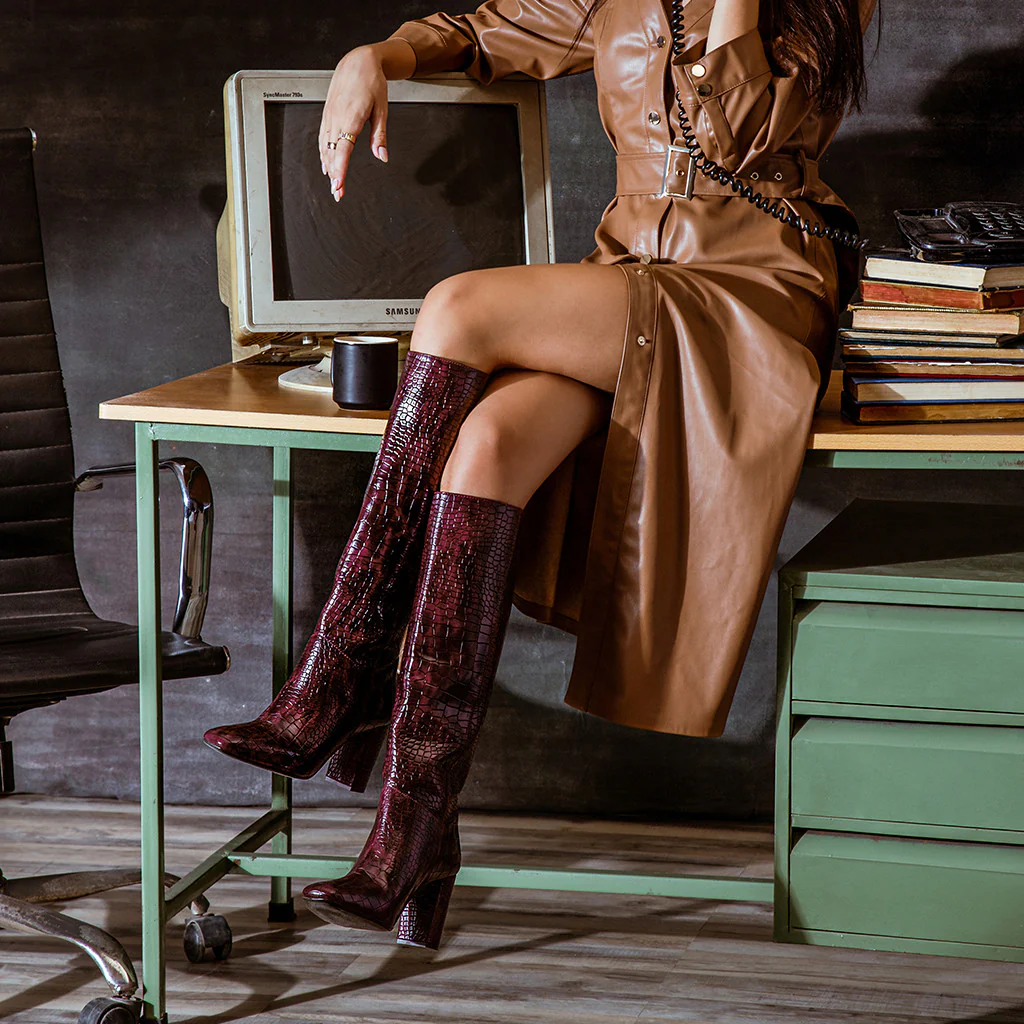 Saint Emily Burgundy Croco Vegan Leather Knee High Boots - Image 10