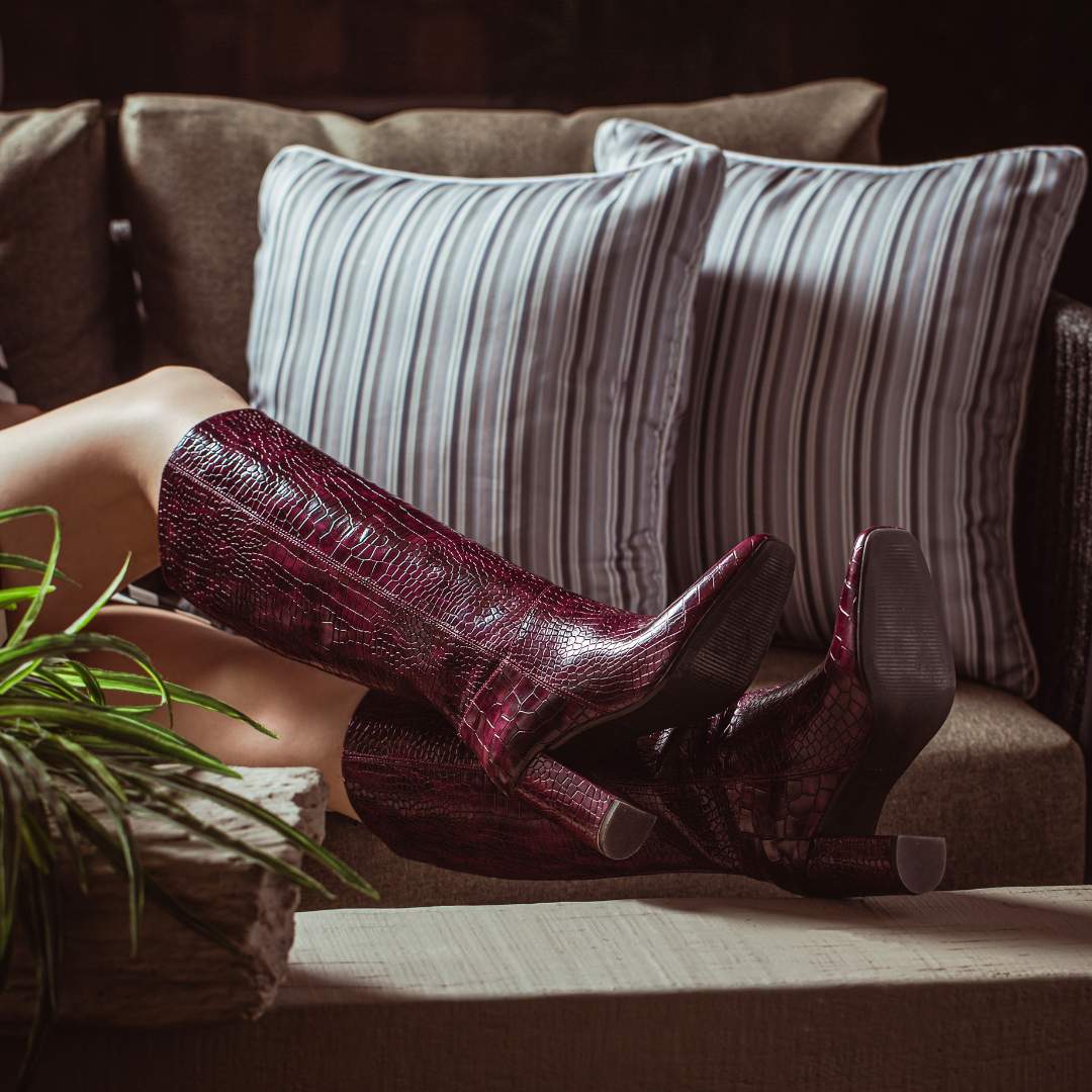 Saint Emily Burgundy Croco Vegan Leather Knee High Boots - Image 8
