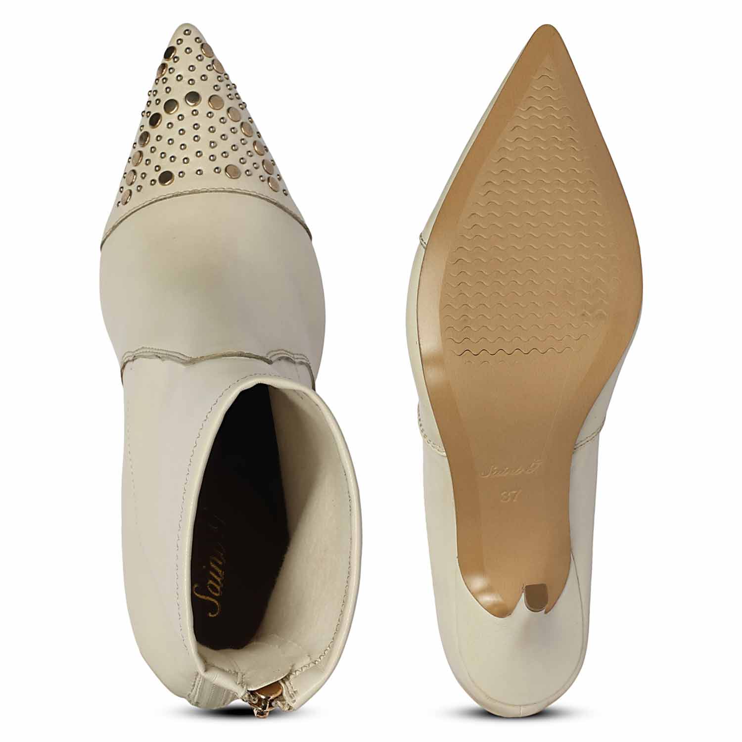 Saint Estrella Studded Stretch Beige Napa Stiletto Ankle Boots - Image 6