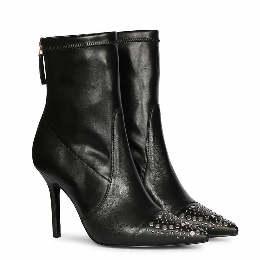Saint Estrella Studded Stretch Black Napa Stiletto Ankle Boots - Image 3