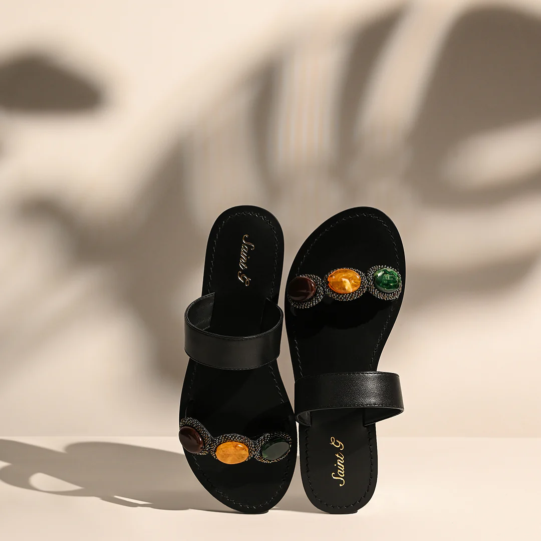 Saint Eva Multi Stone Adorned Black Leather Flats - Image 2